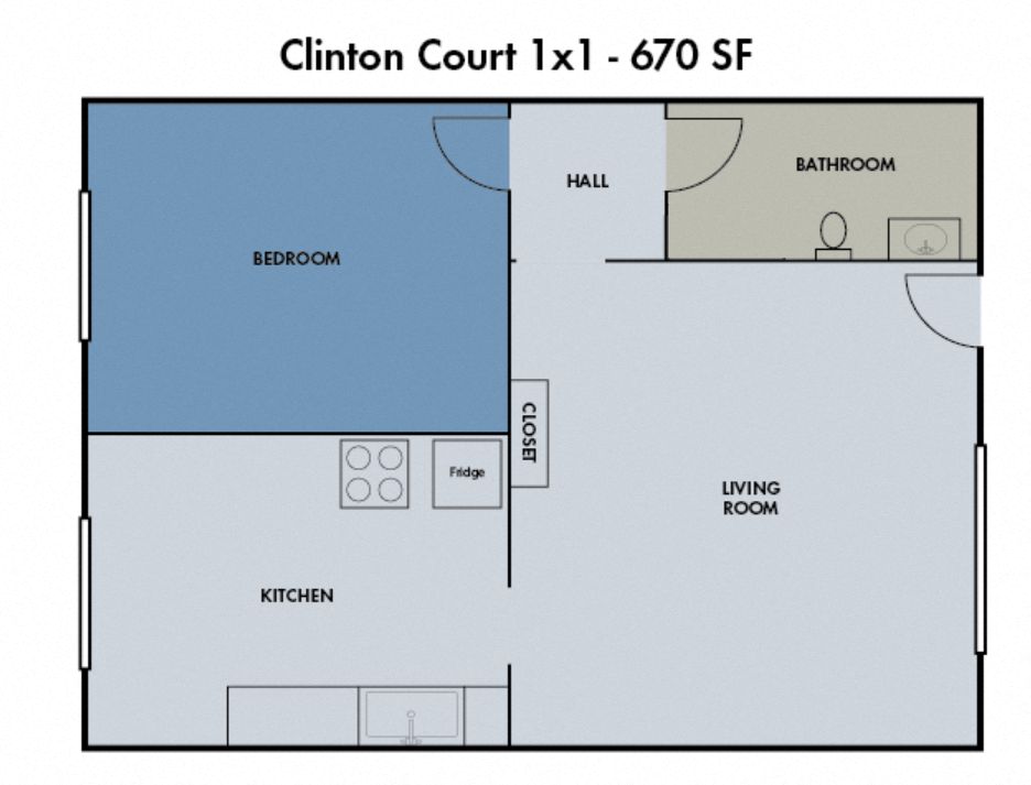 Floor plan for 1 bed, 1 bath, 570 sqft